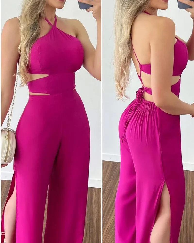 Criss Cross Backless Split Hem Halter Jumpsuit Women Summer Lace Up Wide Leg Pants Slit Solid Camisole Sleeveless-THAT FASHION STORE