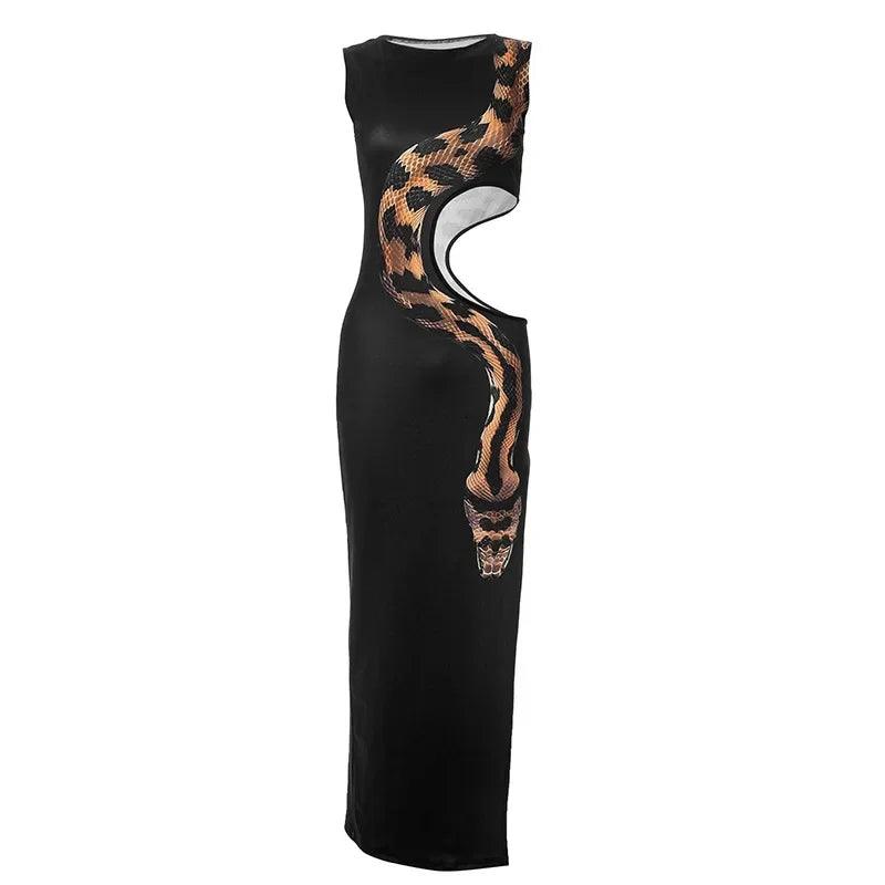 Fashion Black Snake Printed Hollow Out Long Dress Women Sexy O Neck Sleeveless High Split Slim Robes 2024 Lady Party Night Gowns-THAT FASHION STORE