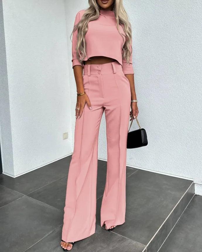 Spring New Crop Top With Flare Pants Two Piece Set Women Fashion Solid Turtleneck T Shirt Suit Office Casual White Pant Set Lady-THAT FASHION STORE