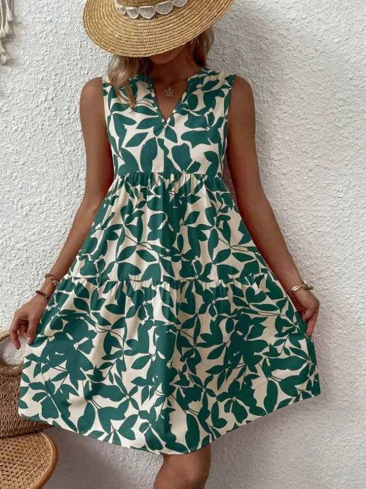 Women Boho Print Mini Dress Summer Elegant Sleeveless V Neck Ruffle A Line Tank Dress Casual Loose Oversize Beach Party Sundress-THAT FASHION STORE