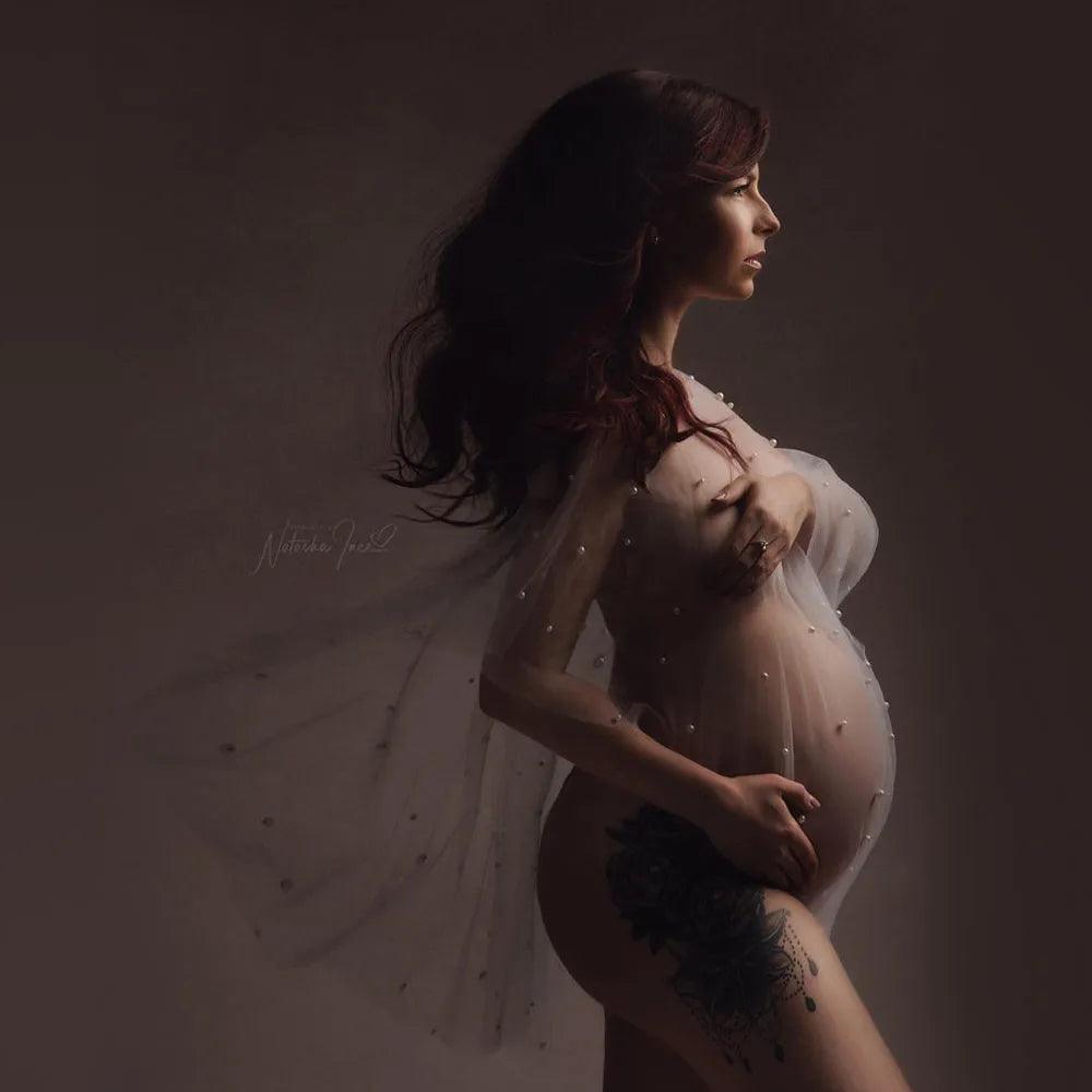 Pearl Tulle Maternity Photography Cape Boat Neck Transparent Tulle Pearls Pregnancy Photo Shoot Short Cape-THAT FASHION STORE