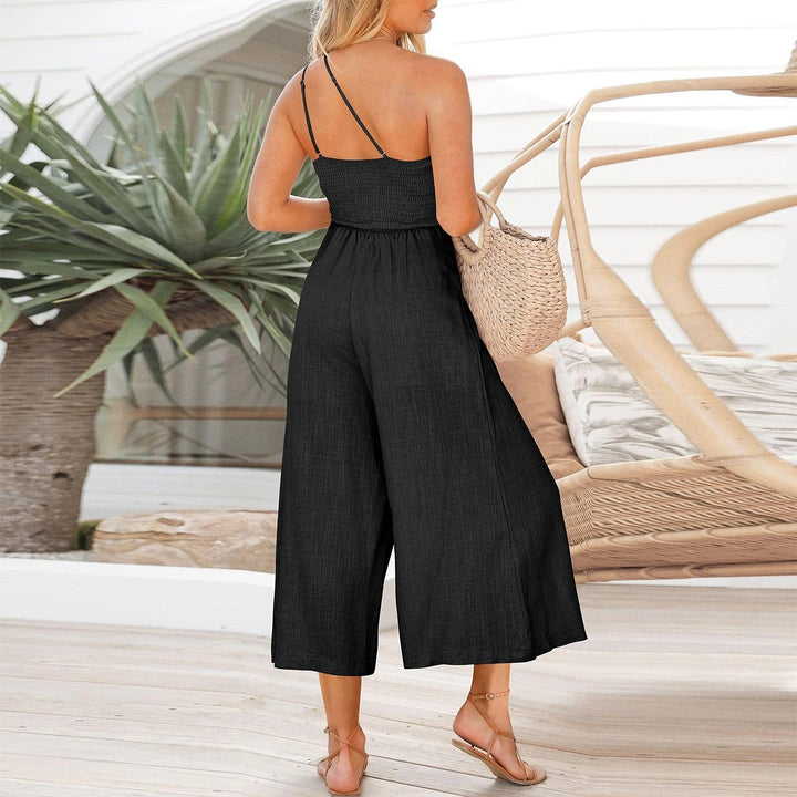 Women High Waisted Romper Solid Color Pleated Backless Romper Casual Parachute Jumpsuit Sleeveless Cami Romper Aesthetic Outfits-THAT FASHION STORE