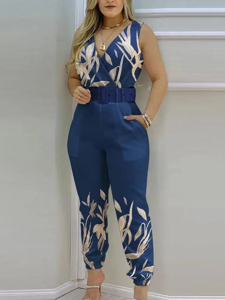 Women Fashion Floral Print Sleeveless Jumpsuits 2024 Summer V Neck Wide Leg Long Pants Rompers Boho Backless With Belts Jumpsuit-THAT FASHION STORE