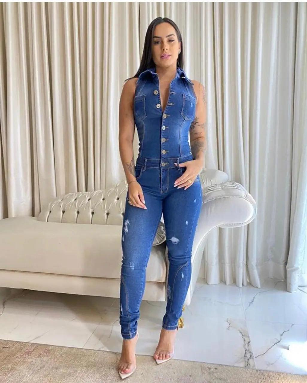 Jeans Stretch Overalls Buttons Female Turn Down Skinny Blue Denim Casual Jumpsuit Rompers-THAT FASHION STORE