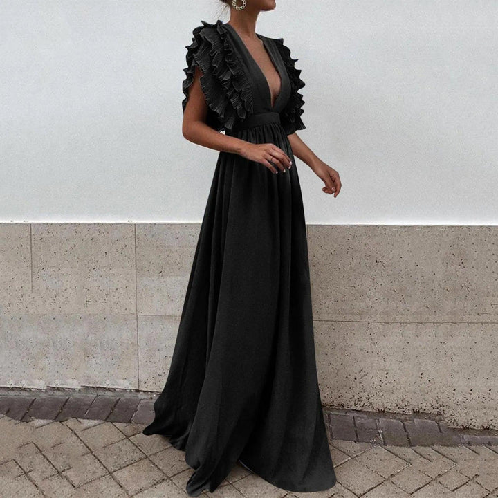 Formal Party Dress Women Sexy Deep V-Neck Long Dress Solid Color Elegant Flying Sleeves Backless Maxi Evening Dresses Robe-THAT FASHION STORE