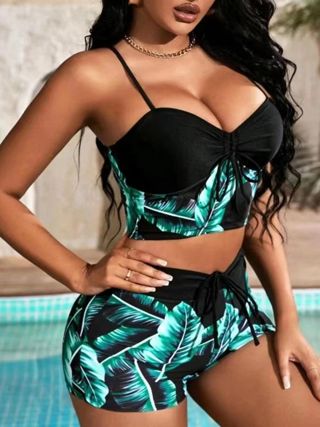 2023 Leaf Batch Swimsuit Women High Waist Bikini Set Drawstring Swimwear Female Padded Bathing Suit Swimming Beachwear Summer-THAT FASHION STORE