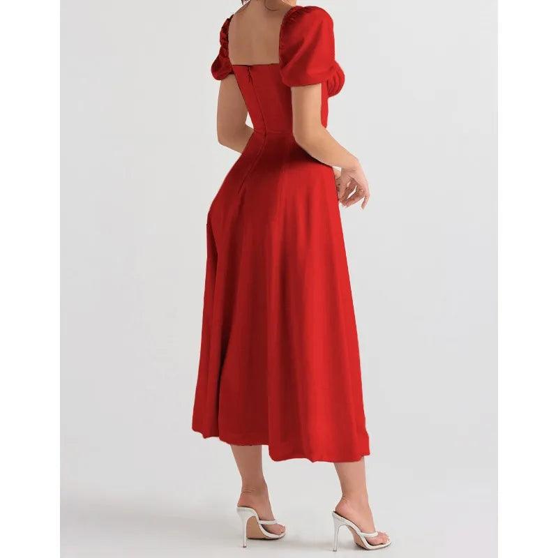 Women's New Fashion Lace Up Simple Split Dress Temperament Commuting Female Clothes Women Elegant Puff Sleeves A-line Dresses-THAT FASHION STORE