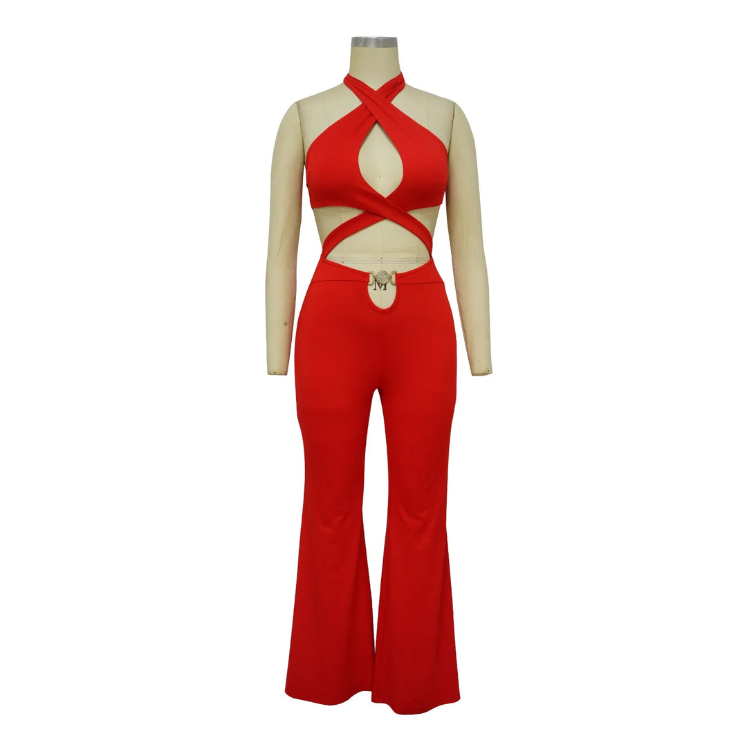 Jumpsuit Women 2024 Summer Fashion Solid Color Halter Cutout Waist Casual High Waist Sleeveless Daily Wide Leg Long Jumpsuit - THAT FASHION STORE