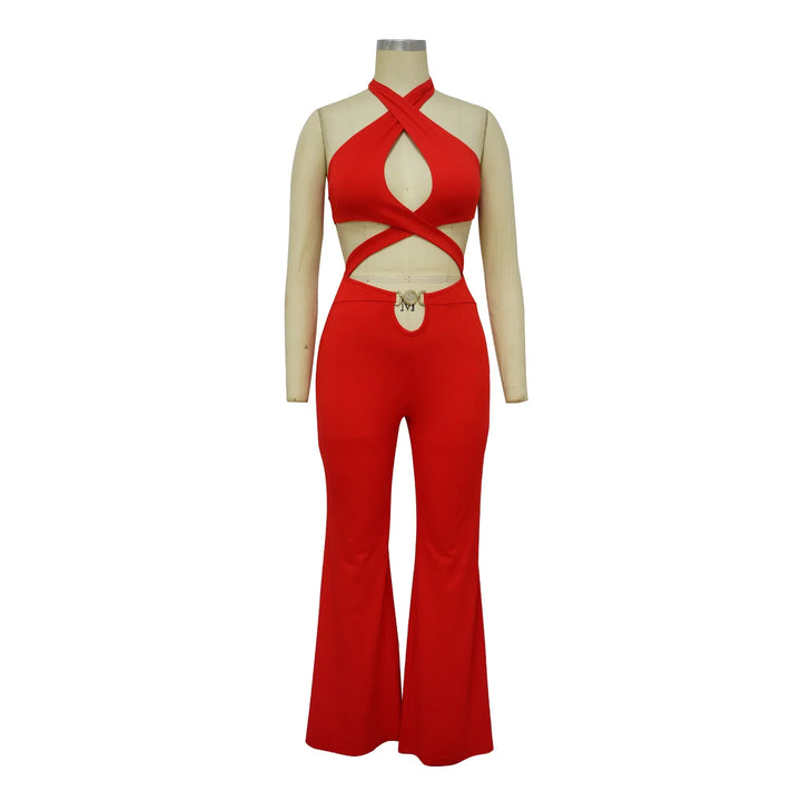 Jumpsuit Women 2024 Summer Fashion Solid Color Halter Cutout Waist Casual High Waist Sleeveless Daily Wide Leg Long Jumpsuit - THAT FASHION STORE