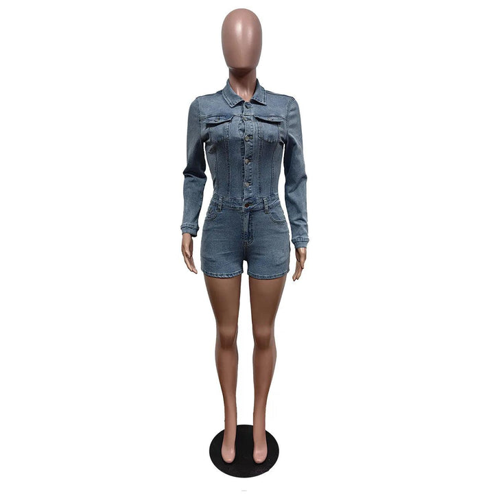 2024 Spring Women Denim Playsuits High Stretch Pockets Turn Down Collar Long Sleeve Single Breasted Shorts Rompers Jeans Overall-THAT FASHION STORE