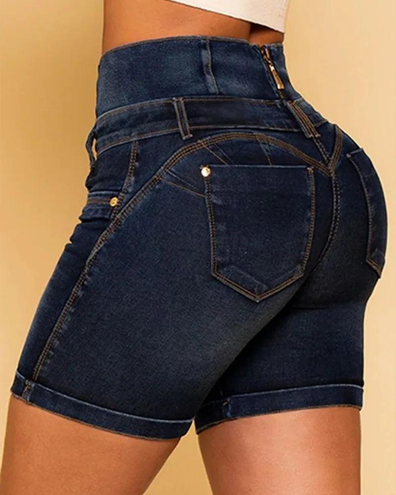 Classic Stretchy Washed Shorts Jeans 2023 Women Solid High Wasit Multi BreastedCasual Zipper Decoration Pocket Denim Shorts-THAT FASHION STORE