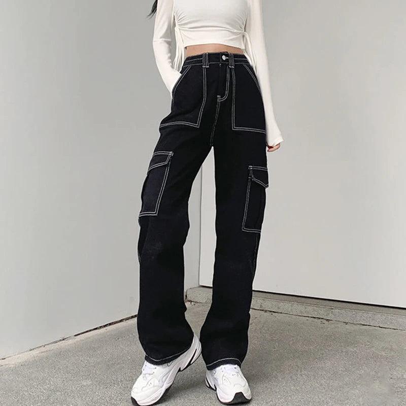 Streetwear Pockets Black Cargo Jeans Women High Waist Straight Denim Trousers Woman 2023 Harajuku Wide Leg Long Pants-THAT FASHION STORE