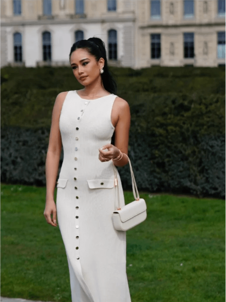 Solid Single Breasted Knitted Split Long Dress Women Fashion O Neck Sleeveless Fake Pocket Slim Dresses 2024 Lady Holiday Robes-THAT FASHION STORE