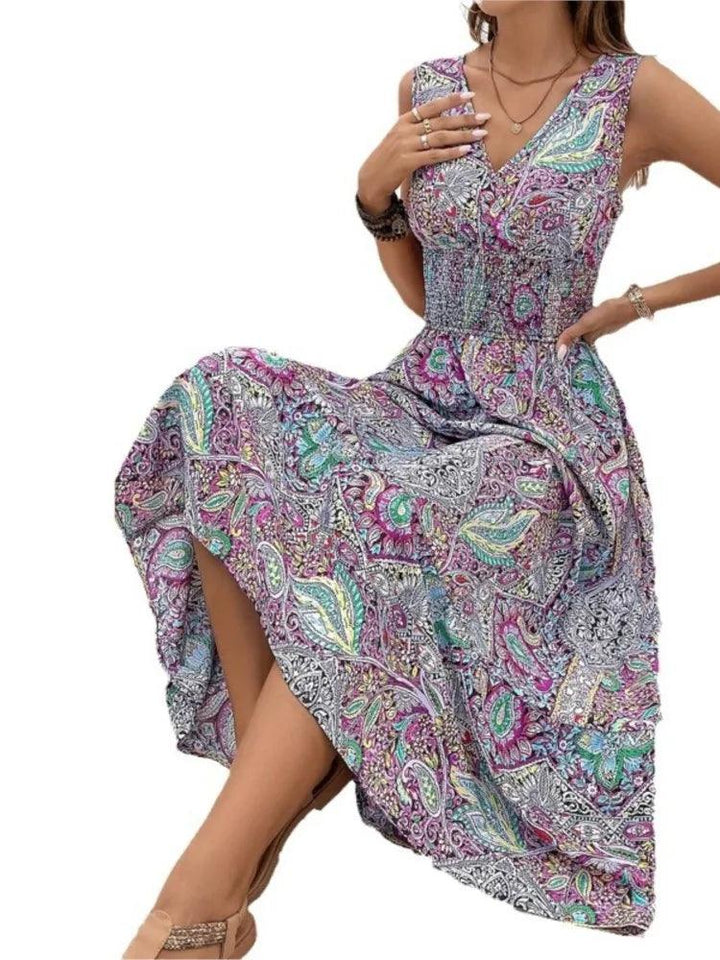 Fashion Bohemian Style Printed Sleeveless Dresses Women Sexy V-neck High Waist A-line Long Dress Casual Elegant Vestido Feminino-THAT FASHION STORE