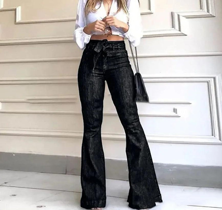 Women Jeans Solid Color High Waist Flare Pants Zipper Fly Flat Pockets Streetwear Slim Patchwork Button Slight Strech Belt-THAT FASHION STORE