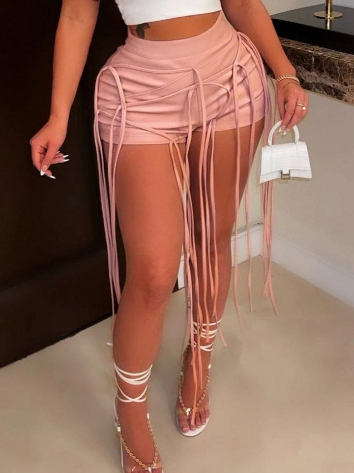 2022 Womens Wetlook Sexy Tassel Mini Shorts PU Leather High Waist Lace-up Back Booty Shorts For Night Cocktail Party Clubwear-THAT FASHION STORE