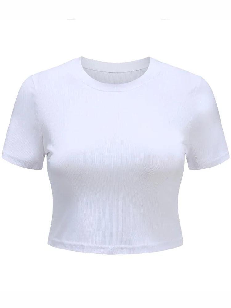 O Neck Knit White Crop Top Women Summer Casual T Shirt Basic Sexy Streetwear Ribber Black Short Sleeve Tops-THAT FASHION STORE