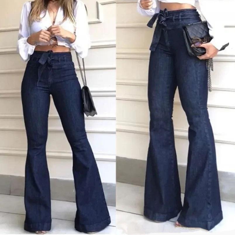 Women Jeans Solid Color High Waist Flare Pants Zipper Fly Flat Pockets Streetwear Slim Patchwork Button Slight Strech Belt-THAT FASHION STORE