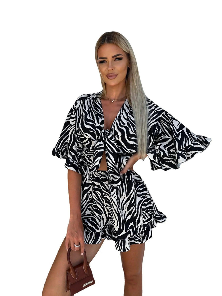 Women Print Bowknot Lace-up Romper Summer Casual Ruffles Half Sleeve Shorts Jumpsuit Hollow High Waist Pockets Playsuit Overalls-THAT FASHION STORE