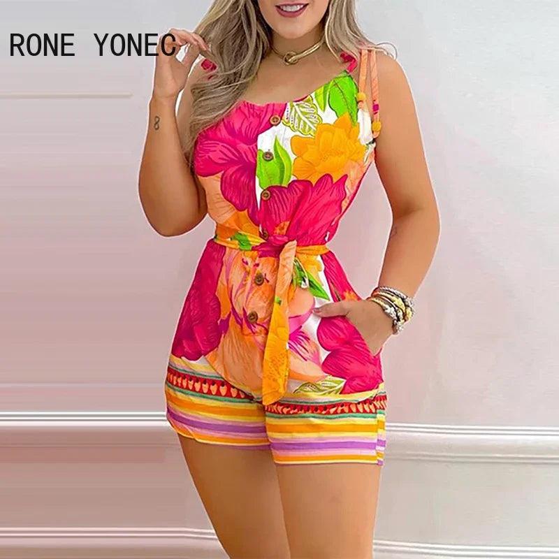 Women Casual Spaghetti Tape Strap Sleeveless Floral Pattern Pocket Sashes Bodycon Rompers-THAT FASHION STORE