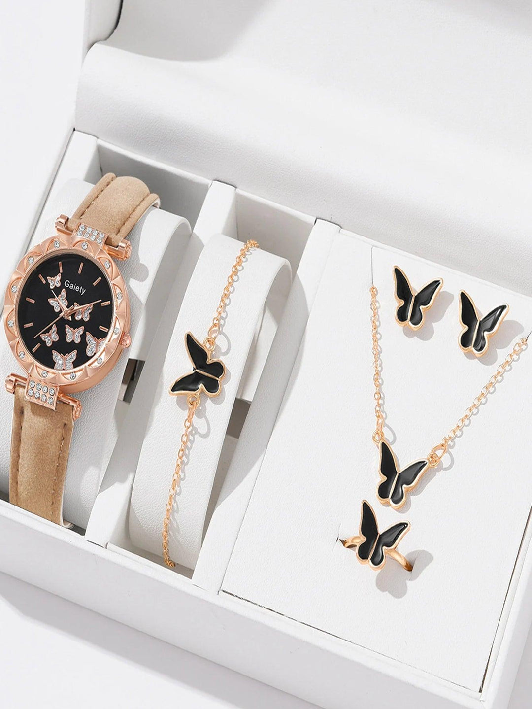 6 Luxury Watches Women's Ring Necklace Earrings Bracelet Set Watch Butterfly Leather strap Women's Quartz Watch No case-THAT FASHION STORE