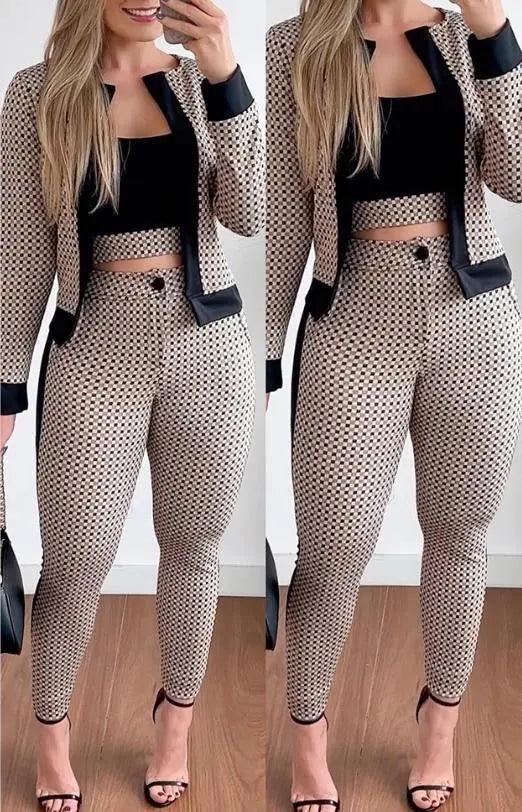 Two Piece Set Women Outfit Spring Fashion Plaid Print Contrast Paneled Open Front Long Sleeve Coat & Elegant Skinny Pants Set-THAT FASHION STORE