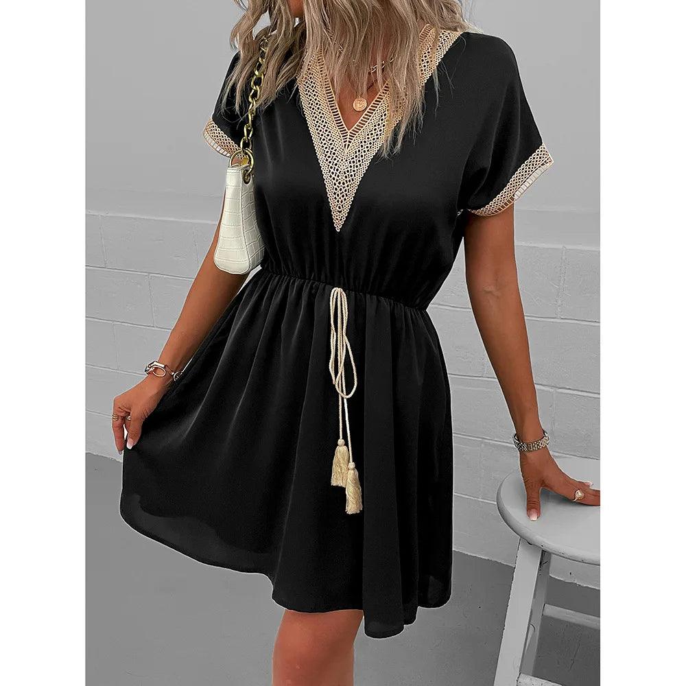 High Quality Dress Women Summer 2024 Casual Hollow Lace Patchwork V-neck Short Dress Tassels Tied Waist Belt Vintage Vestido Y2k-THAT FASHION STORE