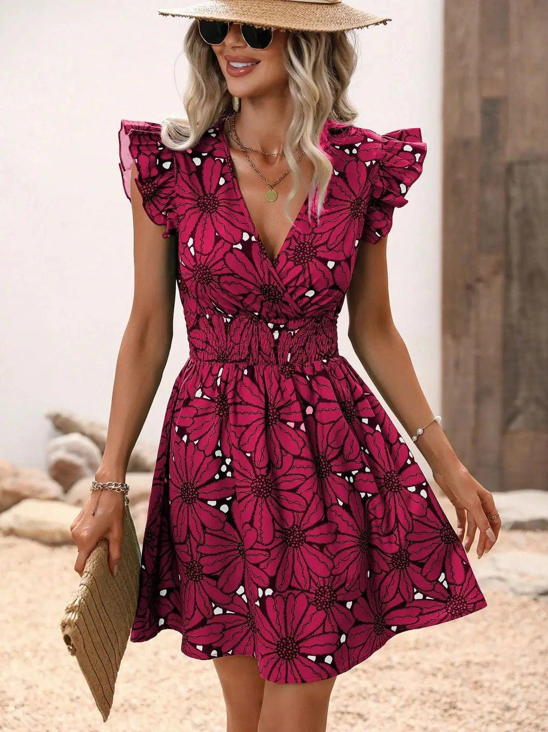 Chic Flower Print Vest A-Line Dress Women Summer V-Neck Mini Skirt Elegant Vacation Dresses-THAT FASHION STORE