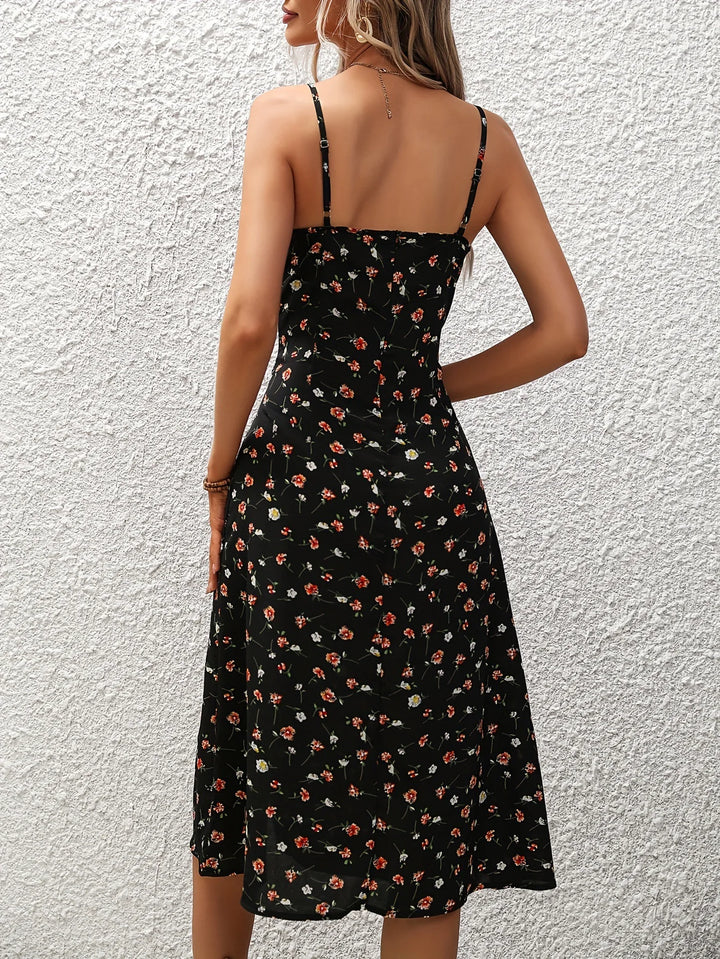 2024 Summer Sexy Spaghetti Straps Dress Women Fashion Polka Dot Print Sleeveless Slit Dress Boho Casual Beach Midi Dresses - THAT FASHION STORE