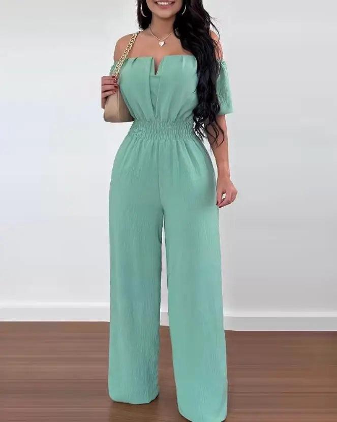 Jumpsuits for Women 2023 Spring Fashion Off Shoulder Casual Plain Short Sleeve Shirred Waist Daily Long Wide Leg Jumpsuit 2024-THAT FASHION STORE