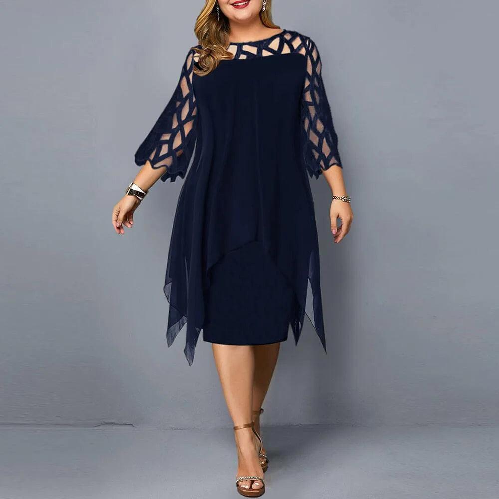 New Elegant Lace Mesh Plus Size Dresses Women Sexy Hollow Out Oversize Dress Loose Casual Vestidos De Fiesta Midi Robes Femme-THAT FASHION STORE