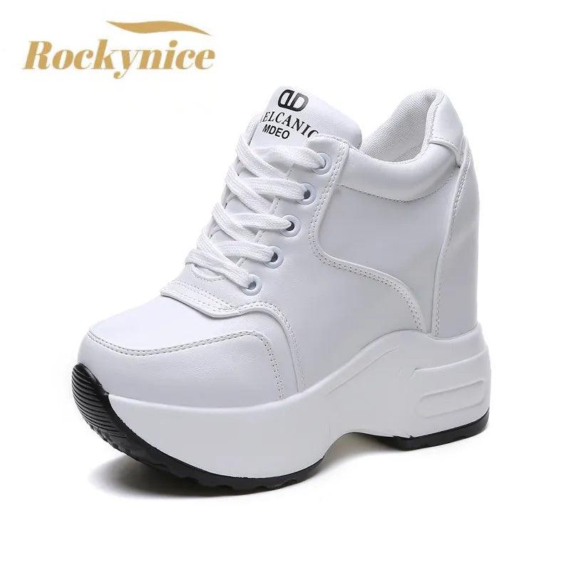 Women's Ankle Boots 2024 Spring Leather Chunky Shoes Woman Platform Height Increased Sneakers 10CM Thick Sole Wedges White Boots-THAT FASHION STORE