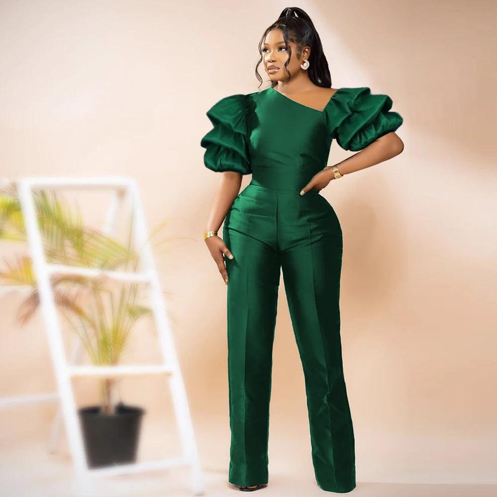 Women Jumpsuits Shiny Skew Collar Puff Sleeves High Waist One Piece Slim Elegant Office Ladies Summer Fashion Party Elegant New-THAT FASHION STORE