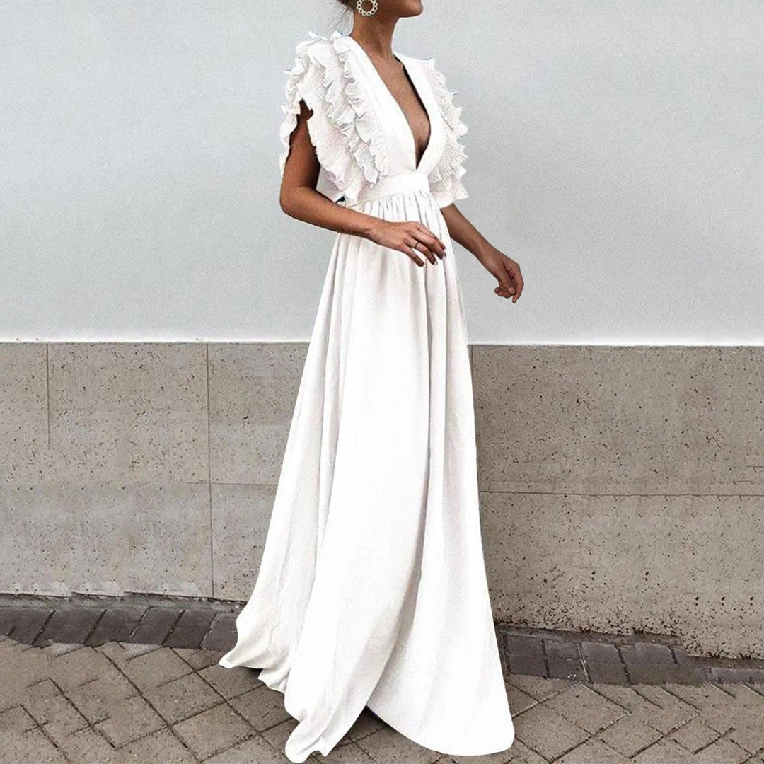 Formal Party Dress Women Sexy Deep V-Neck Long Dress Solid Color Elegant Flying Sleeves Backless Maxi Evening Dresses Robe-THAT FASHION STORE