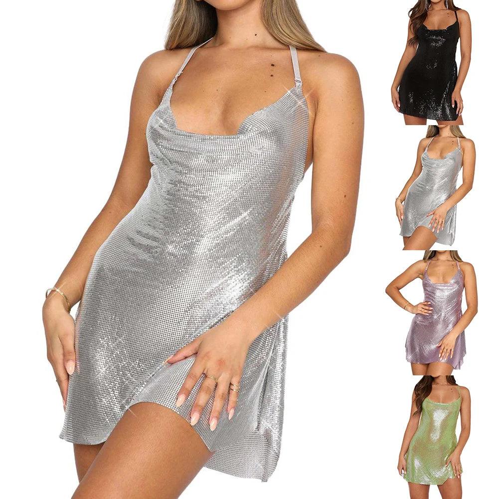 Sexy Women's Shiny Low Cut Sequin Bling Dress Sling V Neck Bodycon Sleeveless Clubwear Party Mini Dresses For Women Vestidos-THAT FASHION STORE