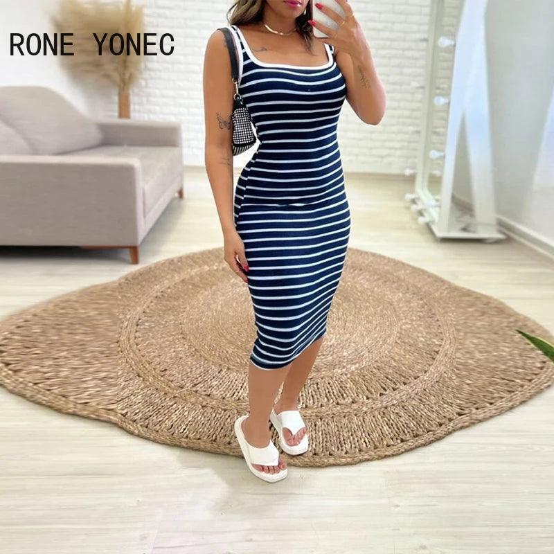 2024 Women Casual Tank Striped Pattern Sleeveless Midi Skinny Sexy Dress-THAT FASHION STORE