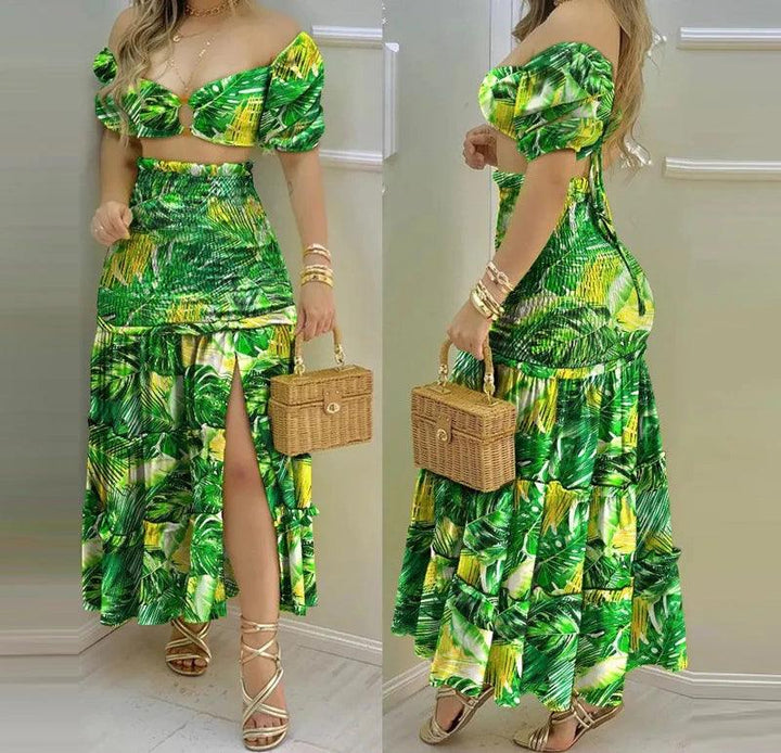 2 Piece Set Women Outfit Vacation Floral Print O Neck Crop Top Shirr +Slit High Waist Women Maxi Skirt Sets 2024 Female Fashion-THAT FASHION STORE