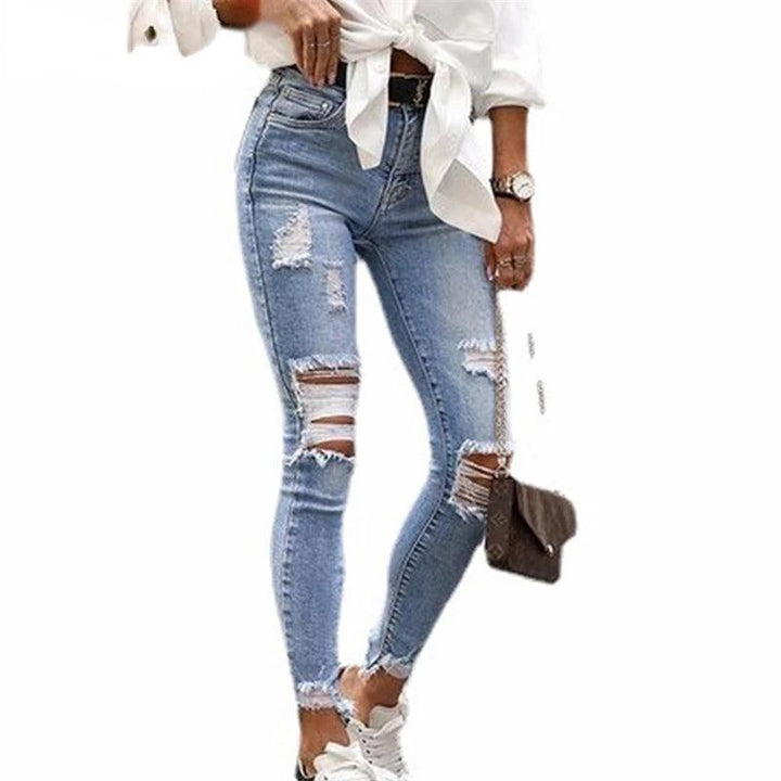 2024 New Summer Ripped Light Blue Jeans Women's Slim Knee Cut Hole Length Casual Pencil Pants Retro Jeans-THAT FASHION STORE