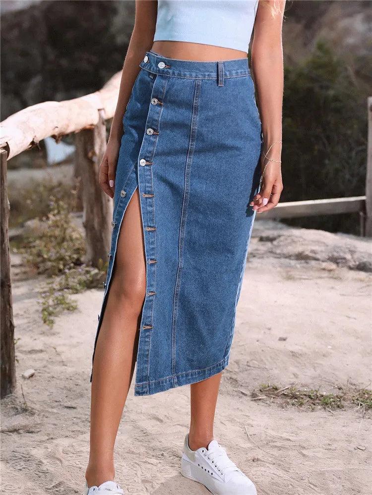 Women's Maxi Pencil Jean Skirt High Waisted A-Line Long Denim Skirts Ins Button Down Side Split Hem Stretch Blue Jean Skirt-THAT FASHION STORE