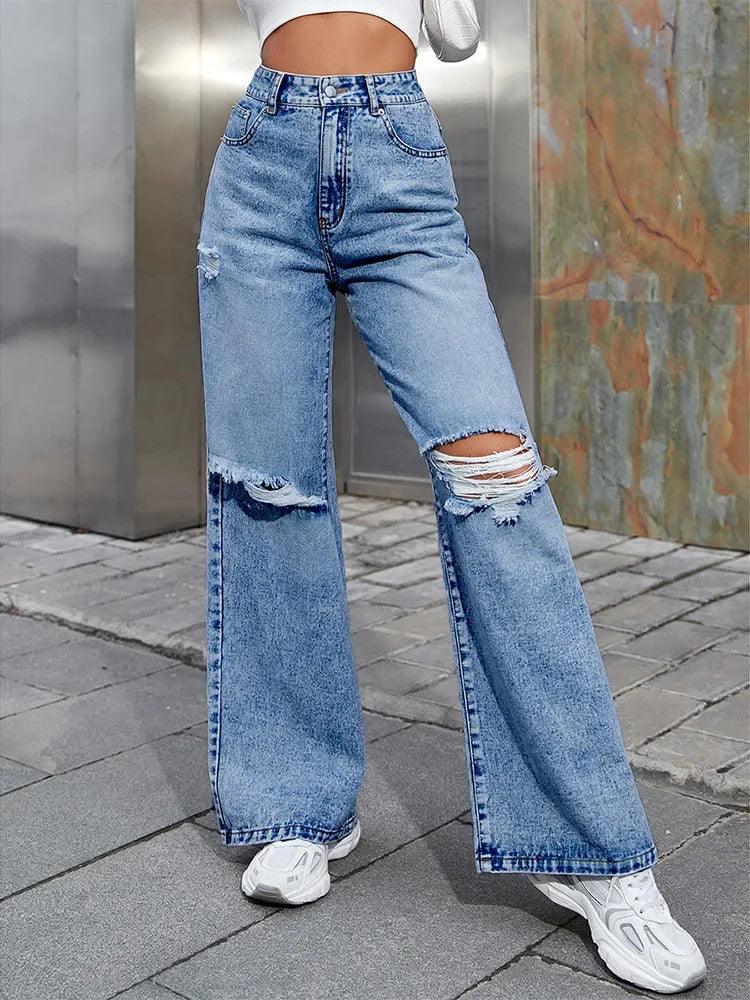 2023 Fall High Waist Straight Women's Ripped Jeans Women New Blue Denim Trousers Fashion Streetwear Wide Leg Baggy Pants Casual-THAT FASHION STORE