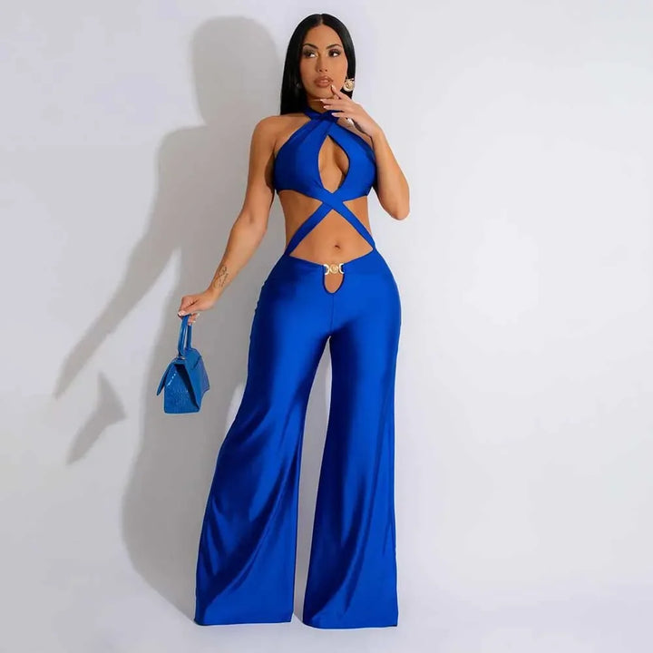 Jumpsuit Women 2024 Summer Fashion Solid Color Halter Cutout Waist Casual High Waist Sleeveless Daily Wide Leg Long Jumpsuit - THAT FASHION STORE