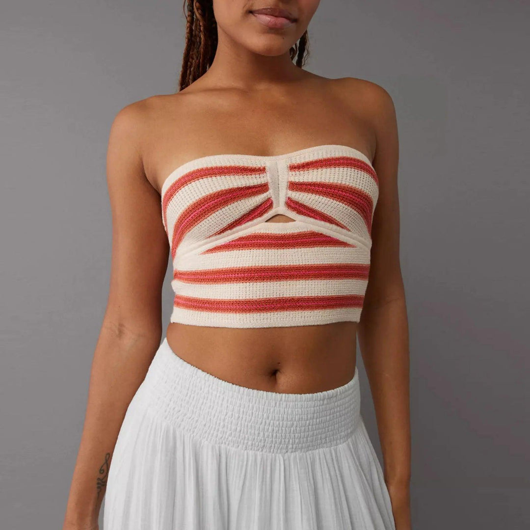 Summer Striped Knitted Tops Women Y2k Fashion Strapless Sleeveless Cropped Tops Sexy Hollow Out Tank Tops Casual Tee 2024-THAT FASHION STORE