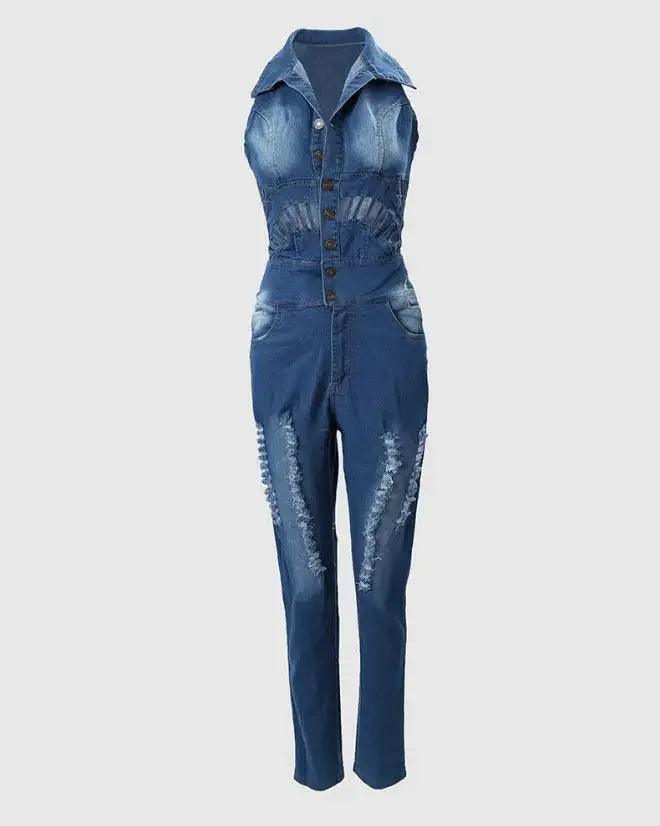 Women's Jumpsuit 2023 Spring Fashion Buttoned Cutout Ripped Skinny Turn-Down Collar Sleeveless Denim Jumpsuit Y2K Streetwear-THAT FASHION STORE