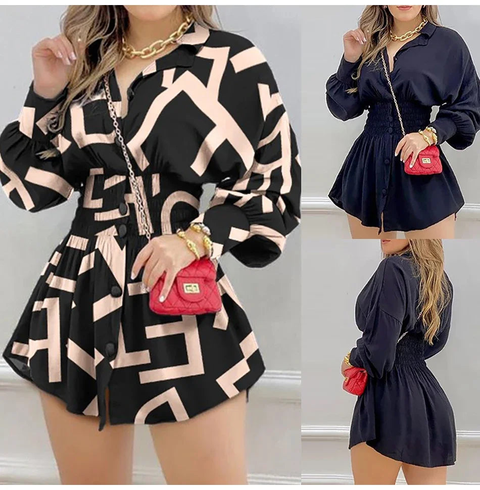 Chic Lantern Sleeve Mini Dress for Women - Elegant Casual Fall Print High Waist Shirt Dress - THAT FASHION STORE