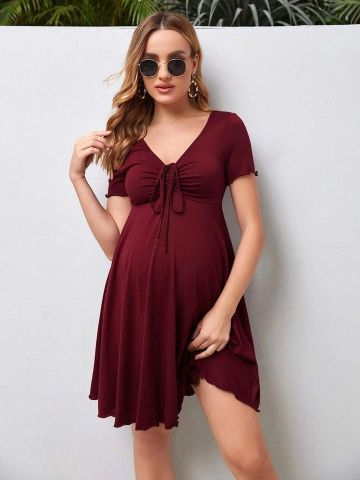 Maternity Drawstring Dress Maternity Clothes Summer Casual Pregnant Women Short Sleeve V-Neck Dress Vestidos Pregnancy Clothing-THAT FASHION STORE