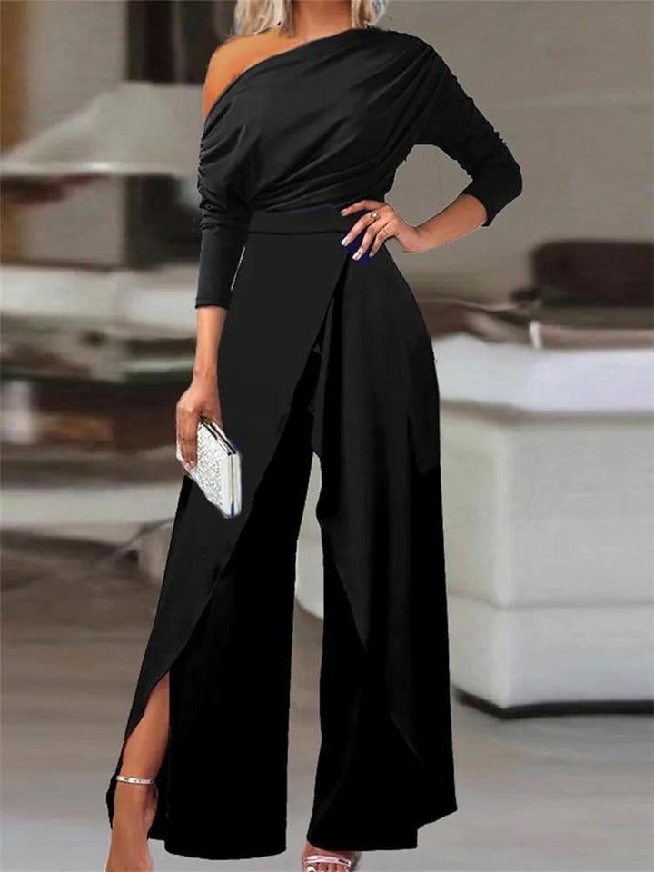 Elegant Jumpsuits for Women 2024 Spring New Plain Elegant Office Lady Loose Ruched Cold Shoulder Split Hem Wide Leg Jumpsuit-THAT FASHION STORE