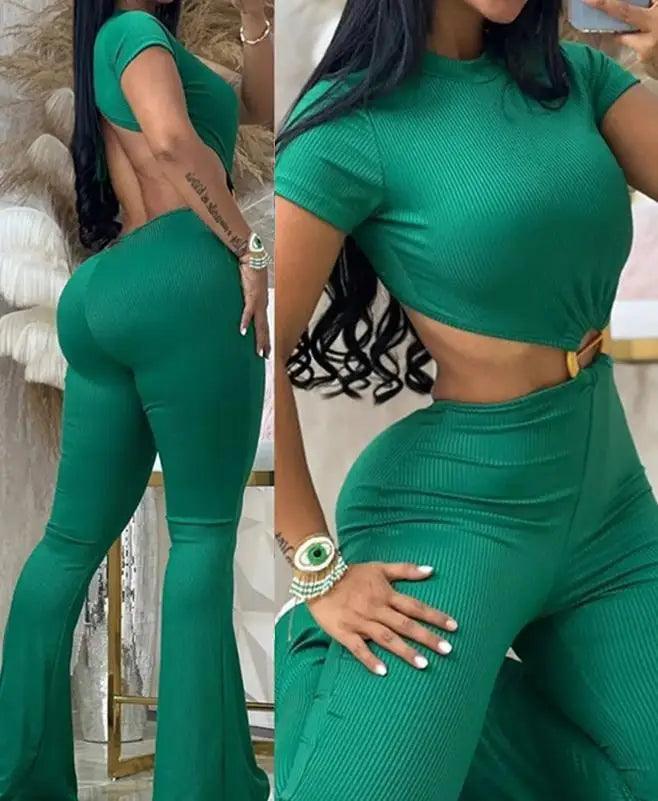 2023 Summer Woman Long Jumpsuits Elegant Sexy O-Ring Decor Cutout Short Sleeve Jumpsuit New Fashion Casual One Pieces-THAT FASHION STORE