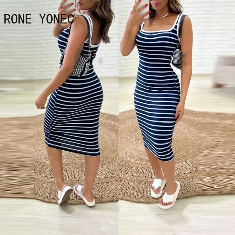 2024 Women Casual Tank Striped Pattern Sleeveless Midi Skinny Sexy Dress-THAT FASHION STORE