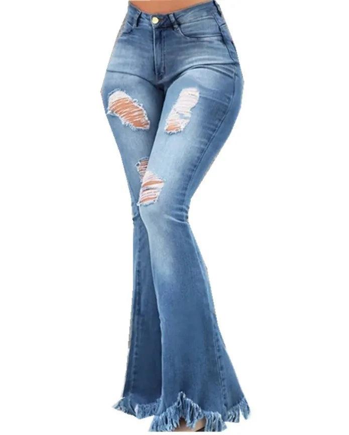 Y2K Clothing Women's Pans 2023 Autumn New Fashion Old Worn White High Waist Jeans Show Thin Tassel Edge Micro Ragged Denim Pants-THAT FASHION STORE