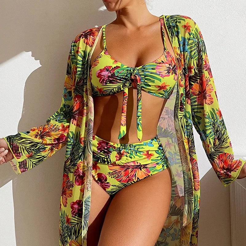 Women Sexy Beach Bikinis Three Pieces Bikini Set Cover Up Swimwear High Waisted Bikini Set Women Swimwear Print-THAT FASHION STORE